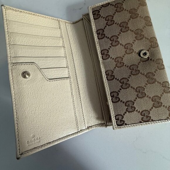 🇮🇹 GUCCI Monogram Metal Bar Continental Flap Wallet Off White Almost Nee 🇮🇹 - Picture 9 of 14